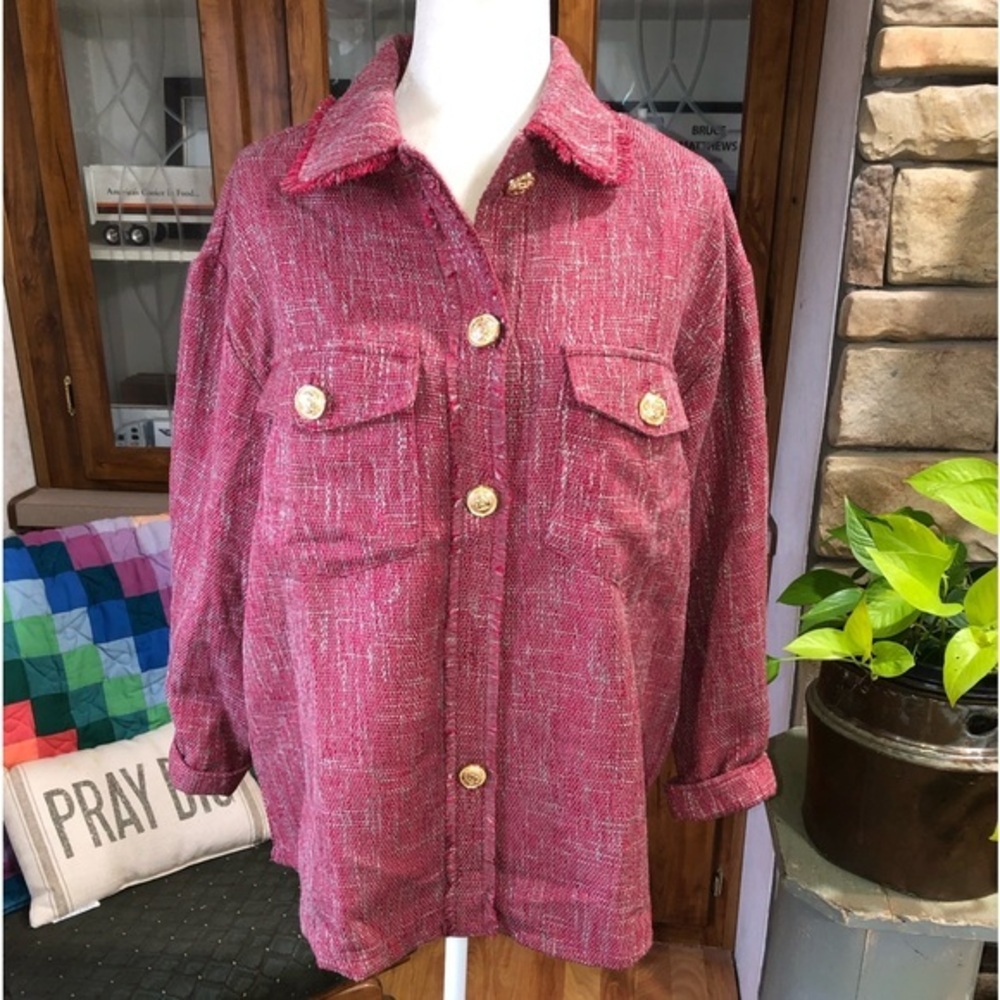 URBAN DAISY SIZE SMALL RED AND GRAY TWEED OVERSIZED JACKET NWOT